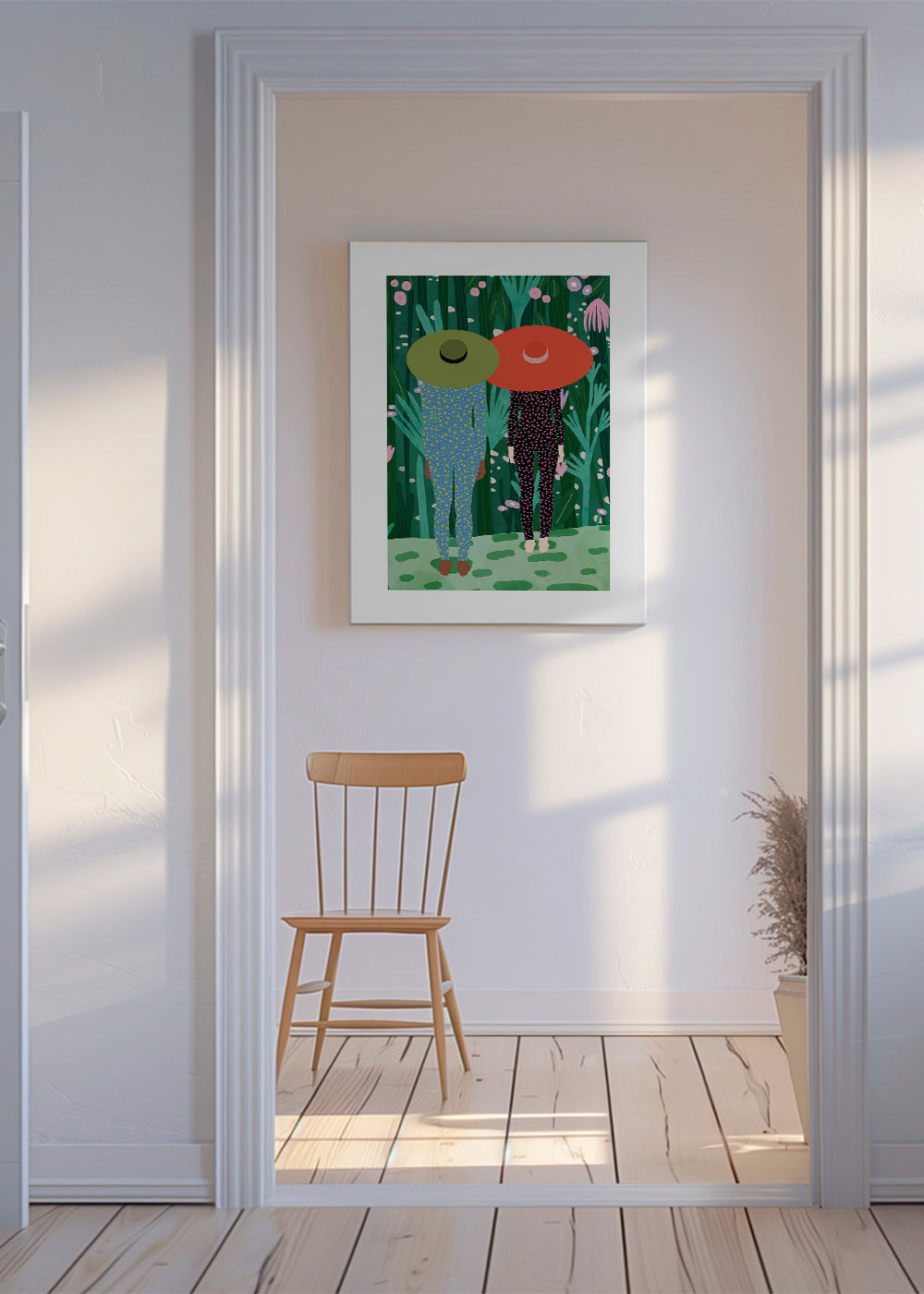 Botanický plakát s dvěma postavami a klobouky