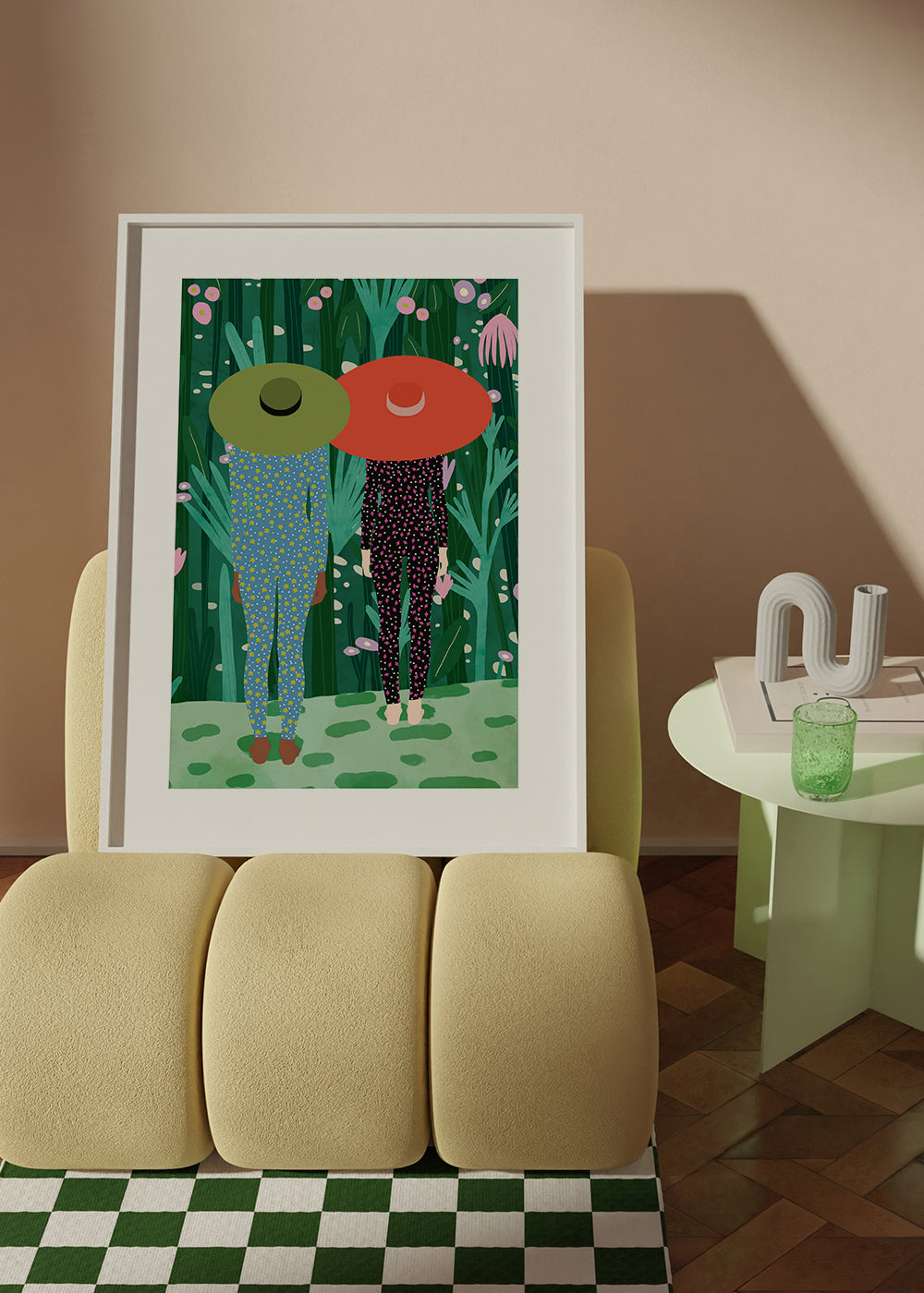 Botanický plakát s dvěma postavami a klobouky
