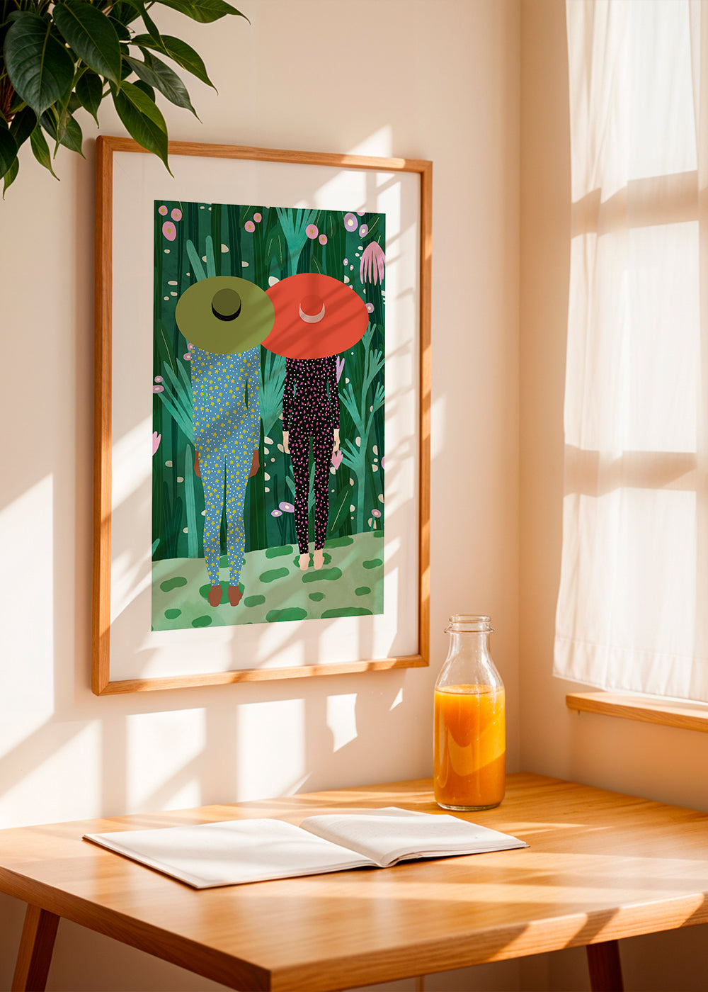 Botanický plakát s dvěma postavami a klobouky