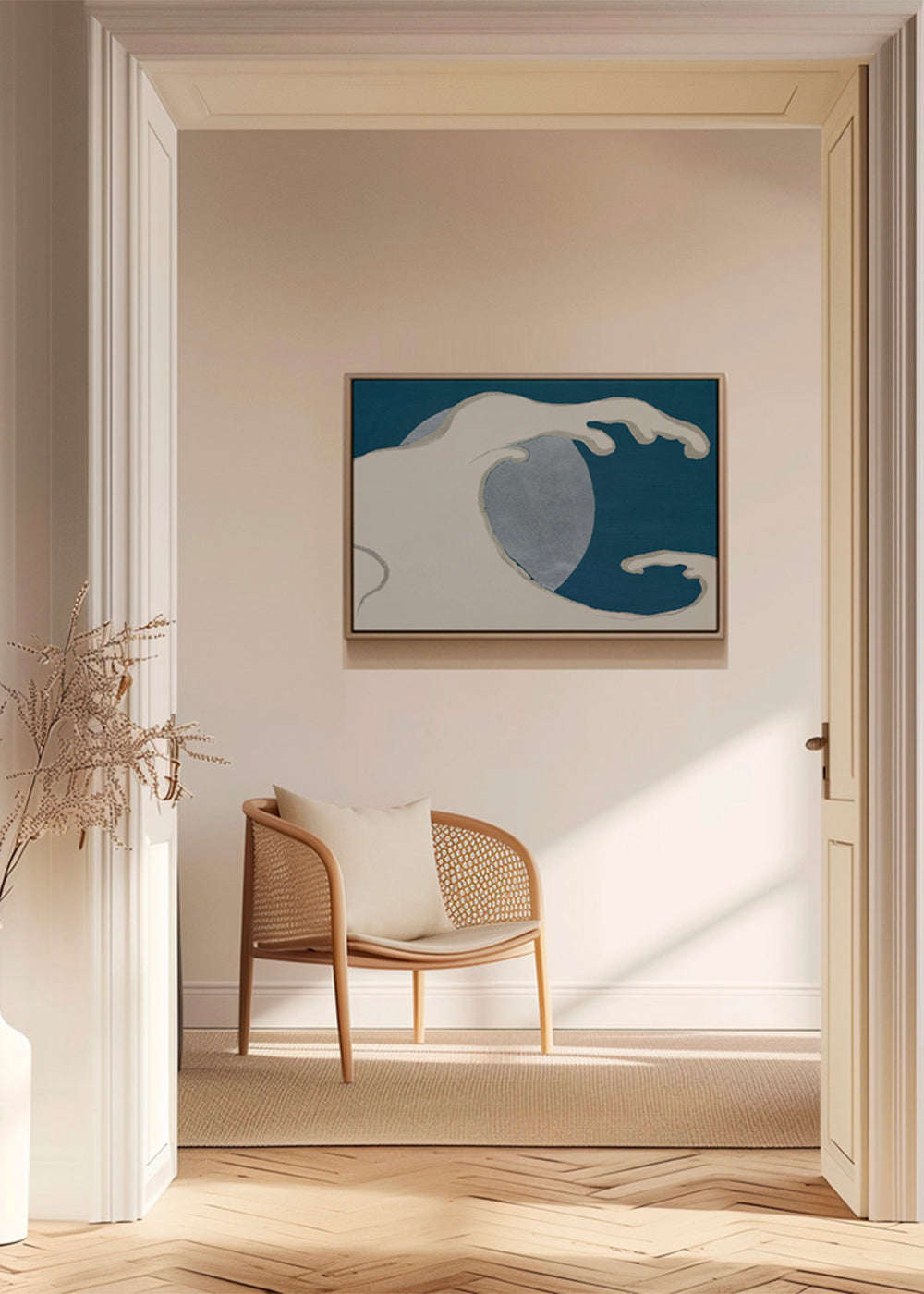 Ilustrace: stylizovaná vlna a měsíční kotouč