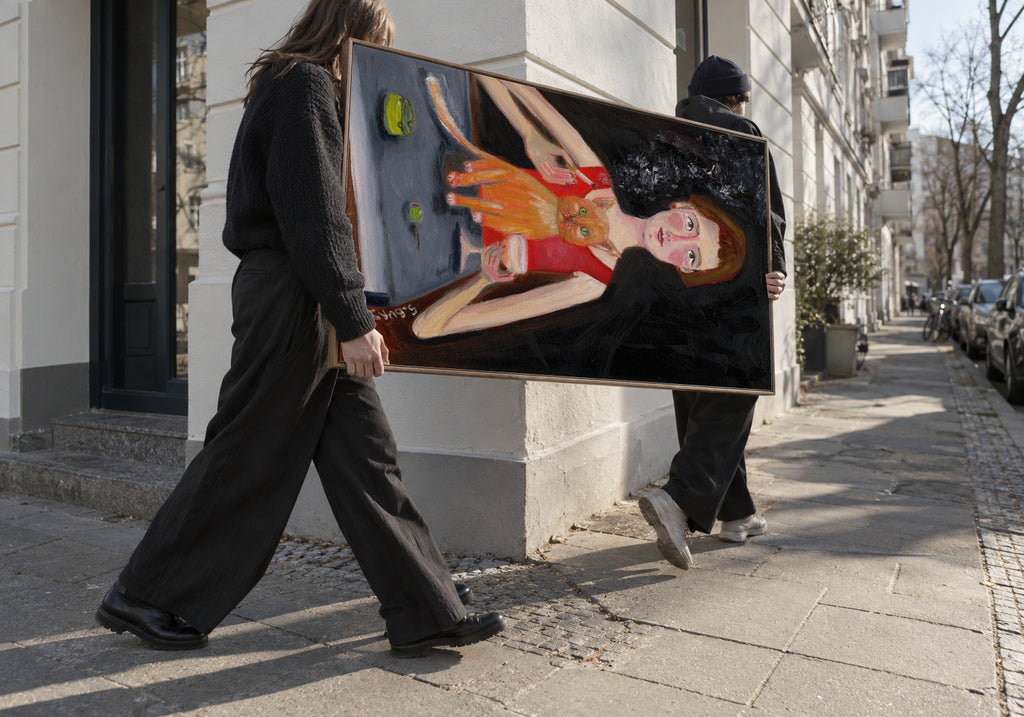 Vintage woman with cocktail and cat - Framed canvas in an interior