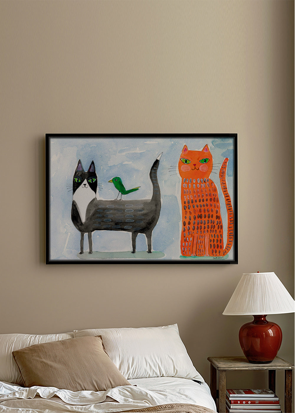 Ilustrace kočky a ptáka