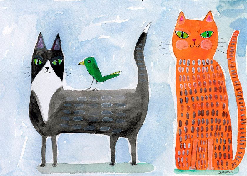 Ilustrace kočky a ptáka