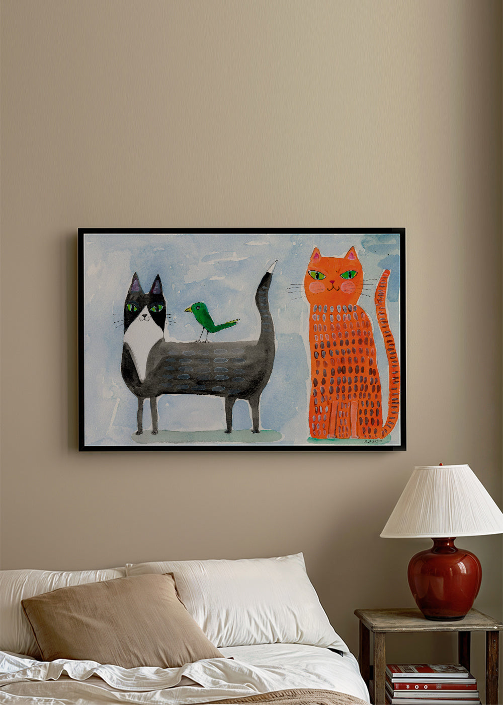 Ilustrace kočky a ptáka