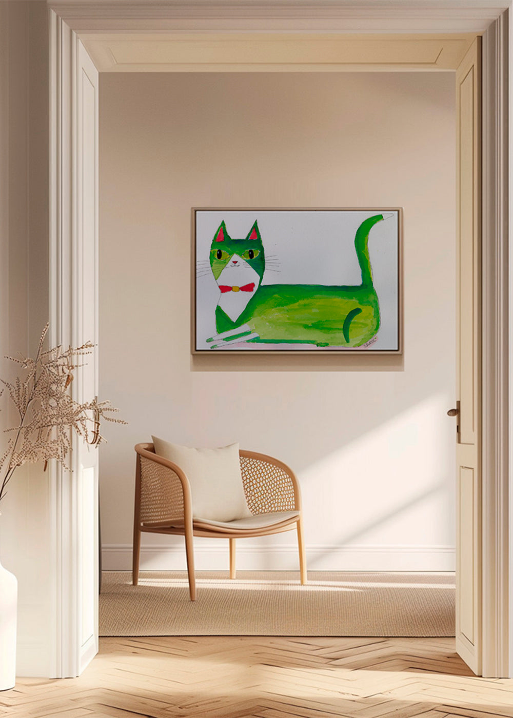 Zelená kočka ilustrace vleže