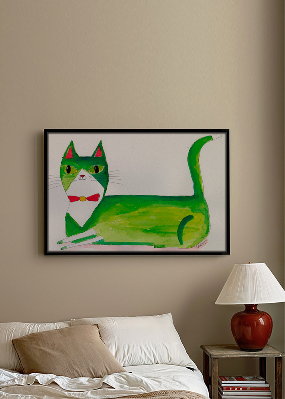 Zelená kočka ilustrace vleže