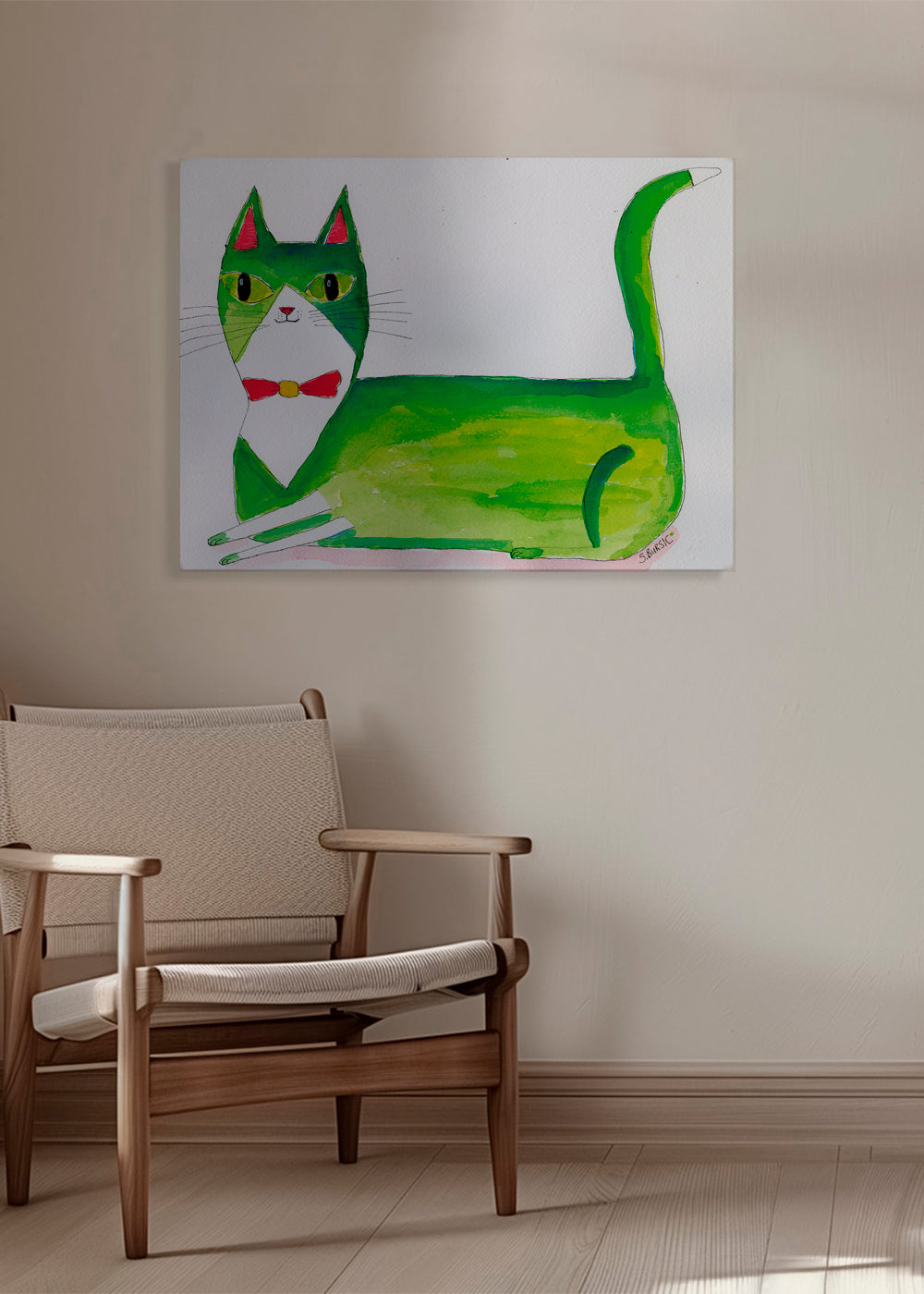 Zelená kočka ilustrace vleže