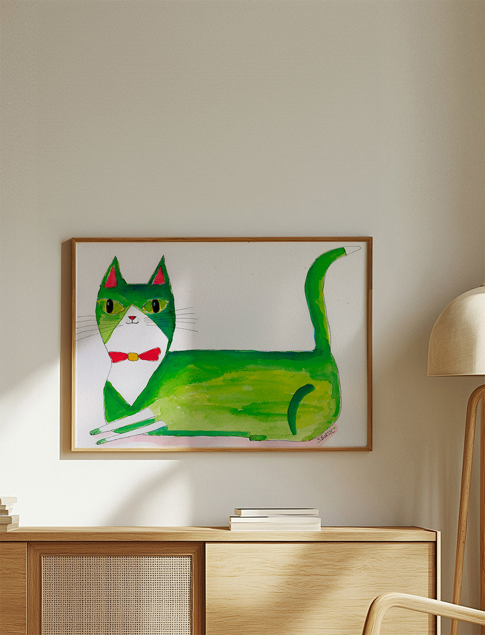 Zelená kočka ilustrace vleže