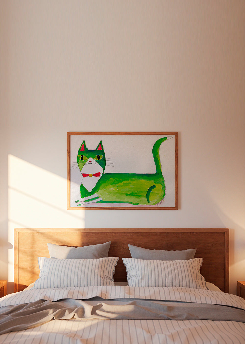 Zelená kočka ilustrace vleže