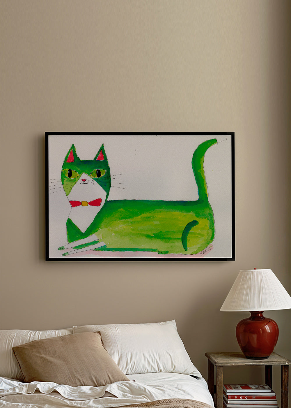 Zelená kočka ilustrace vleže