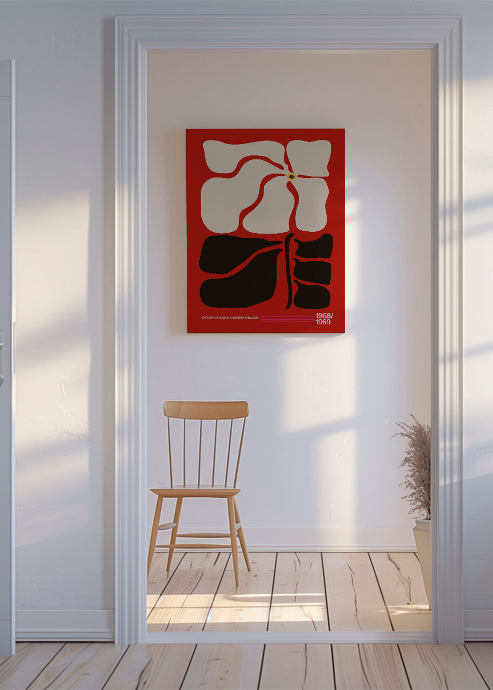 Botanický plakát se stylizovanou červenou květinou