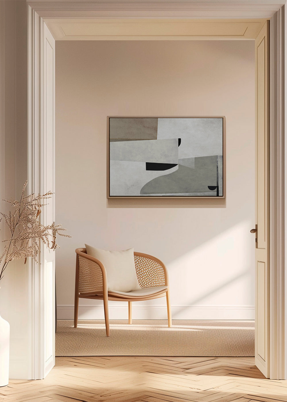 Abstraktní obraz s jemnými architektonickými tvary