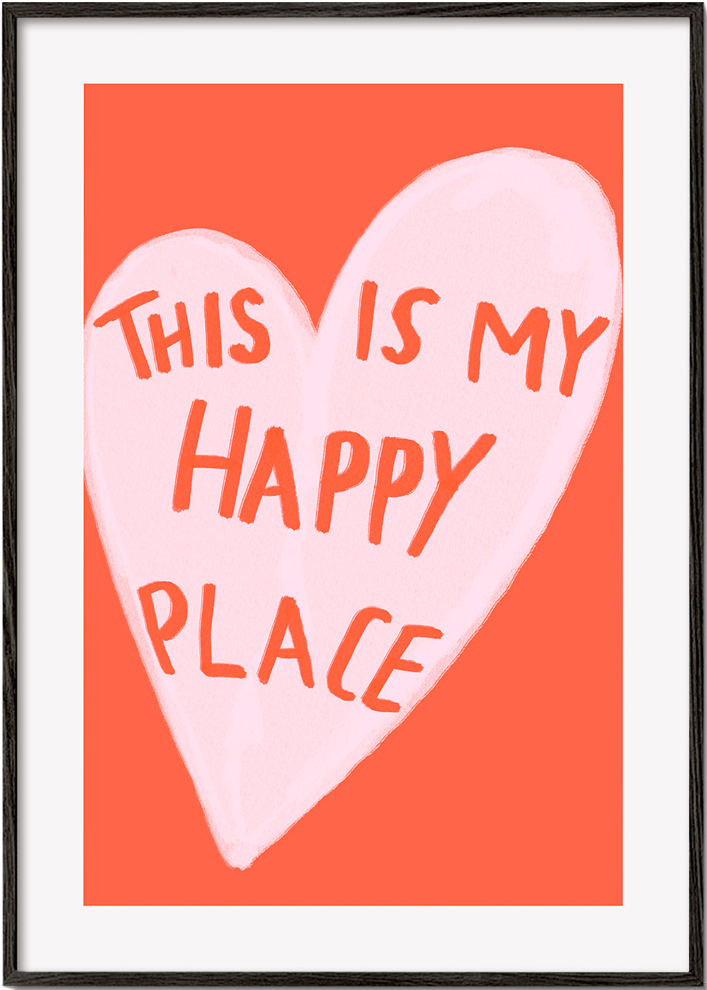 Ilustrace srdce 'Happy Place' na korálovém pozadí