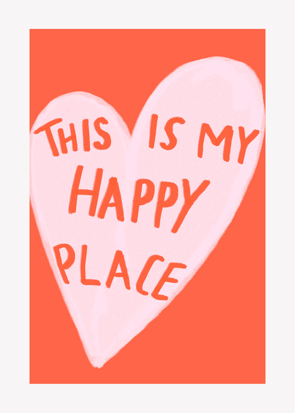 Ilustrace srdce 'Happy Place' na korálovém pozadí