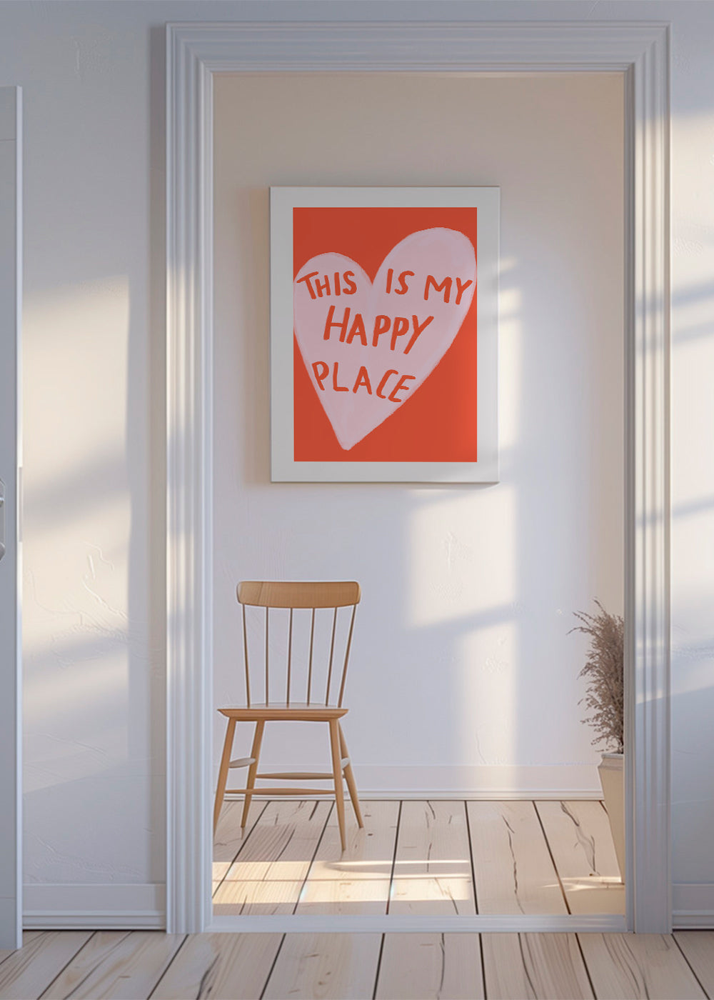 Ilustrace srdce 'Happy Place' na korálovém pozadí