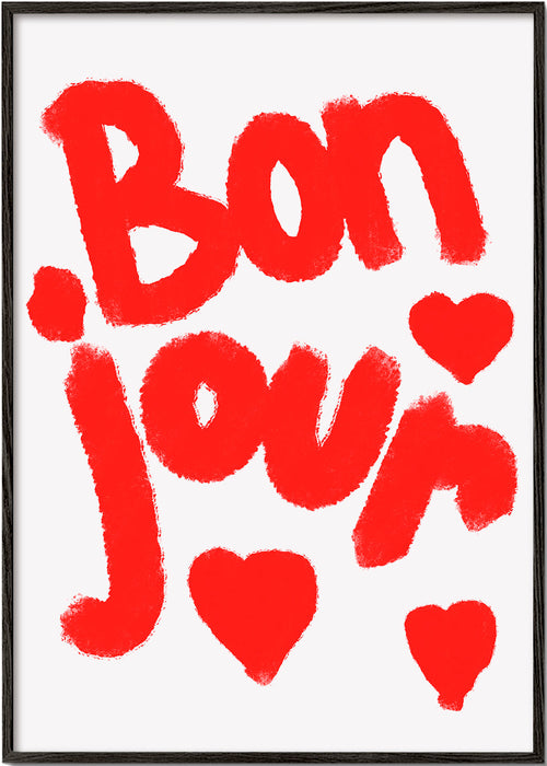 Ilustrace 'Bonjour' s červenými srdíčky