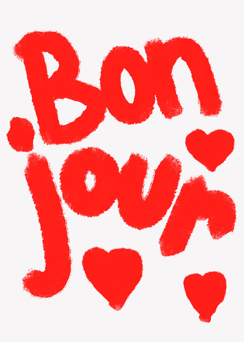 Ilustrace 'Bonjour' s červenými srdíčky