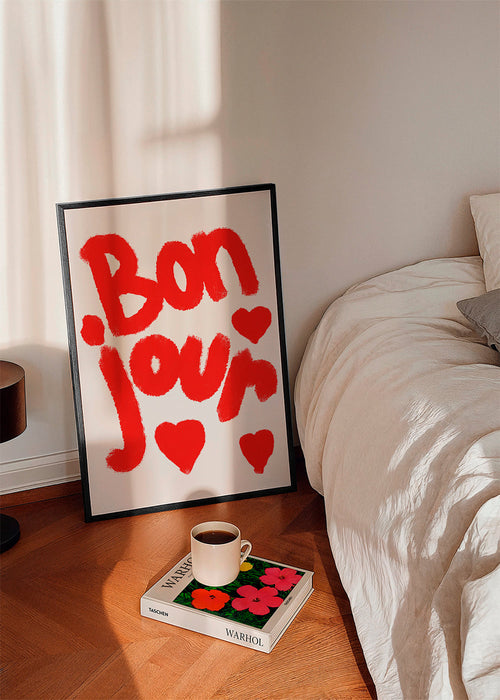 Ilustrace 'Bonjour' s červenými srdíčky