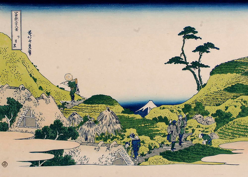 Krajinný obraz s Mount Fuji a zelenými kopci