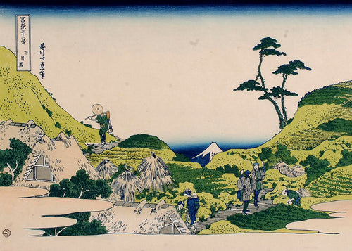 Krajinný obraz s Mount Fuji a zelenými kopci