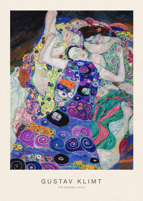 Vintage plakát s ornamentálními postavami inspirovaný Klimtem