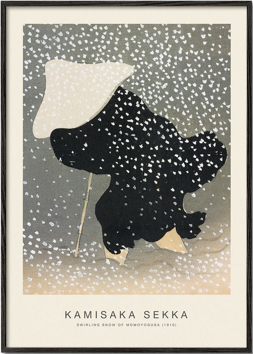 Ilustrace japonské postavy v padajícím sněhu