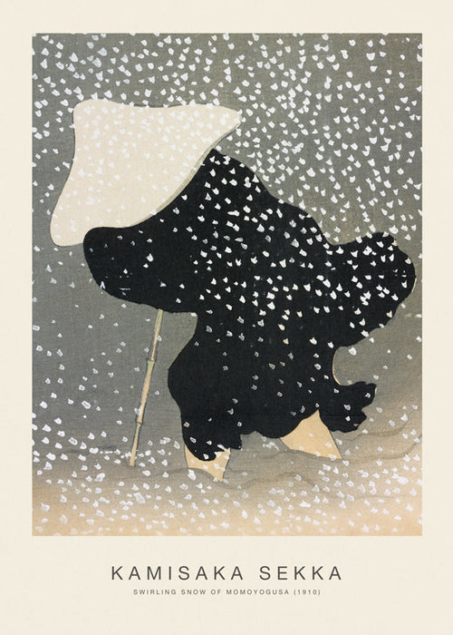 Ilustrace japonské postavy v padajícím sněhu