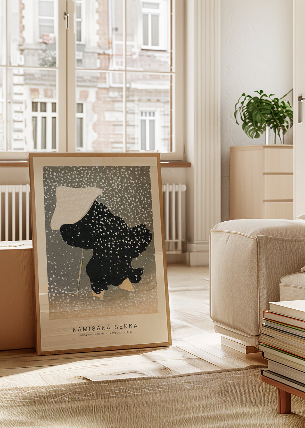 Ilustrace japonské postavy v padajícím sněhu