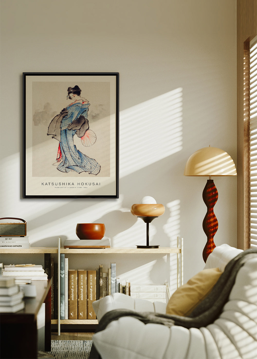 Ilustrace gejši s modrým kimonem