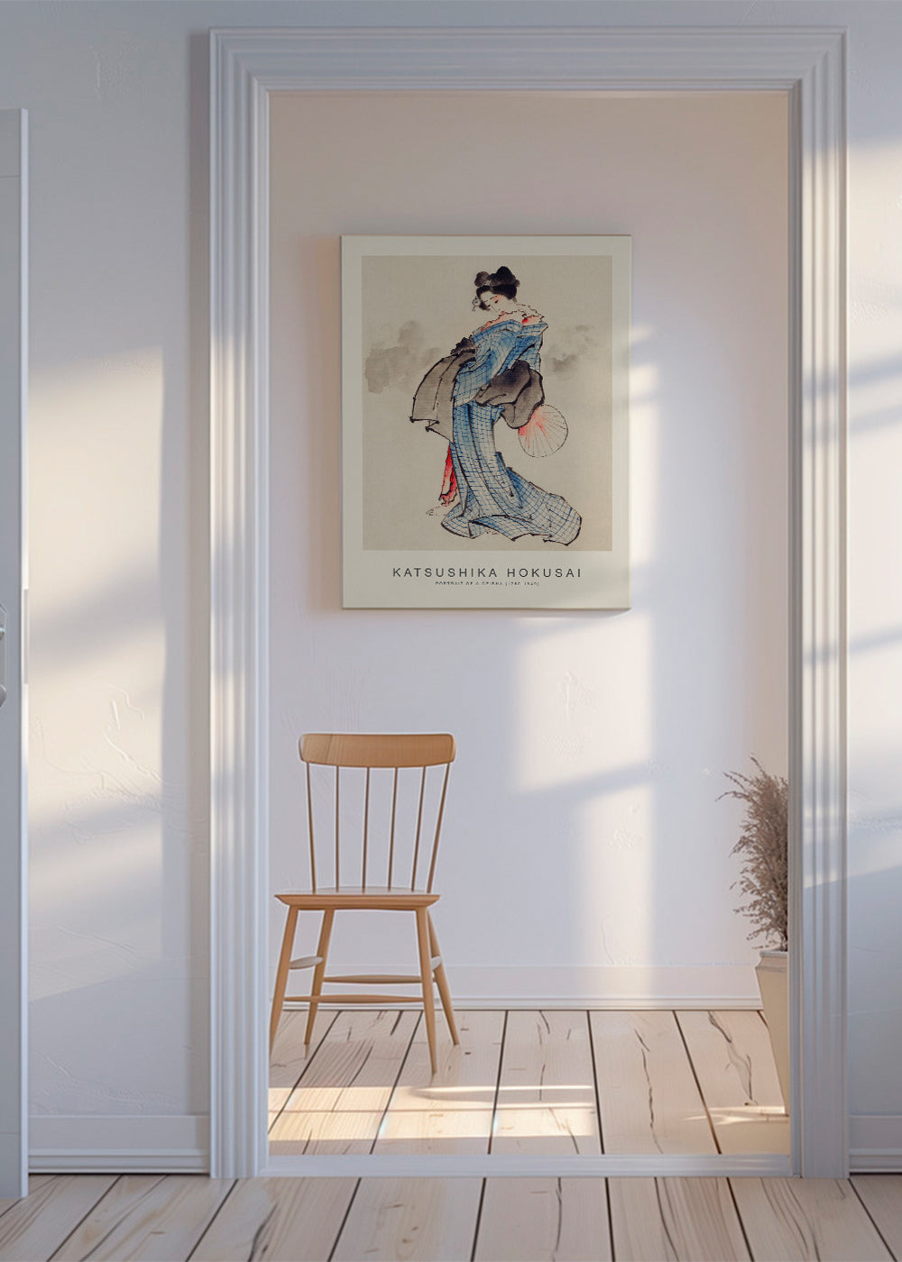 Ilustrace gejši s modrým kimonem