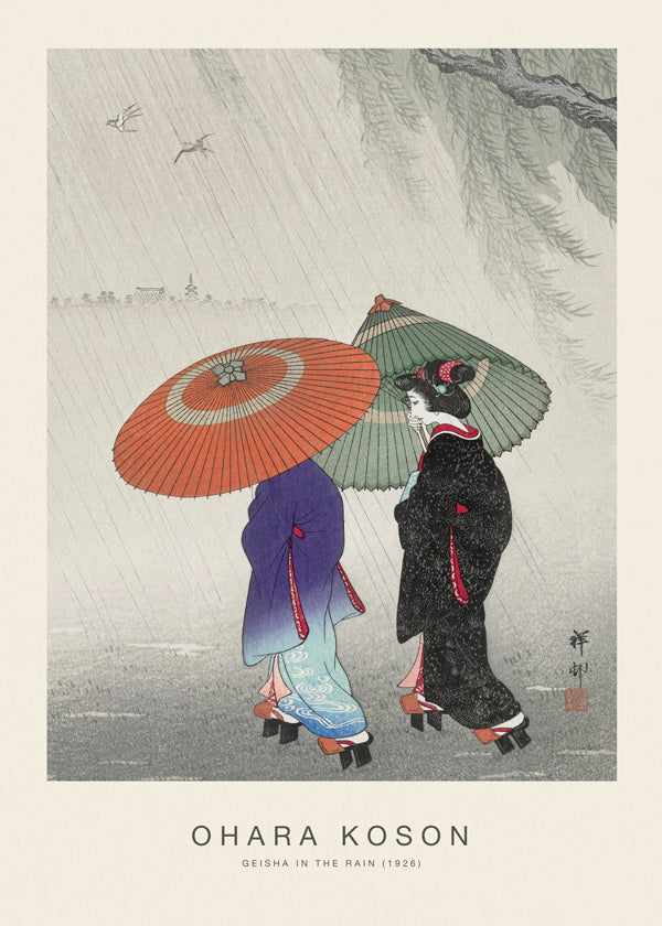 Japonská ilustrace gejš v dešti