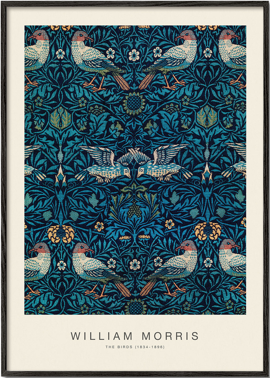 Botanický plakát William Morris s ptáky a modrým listím