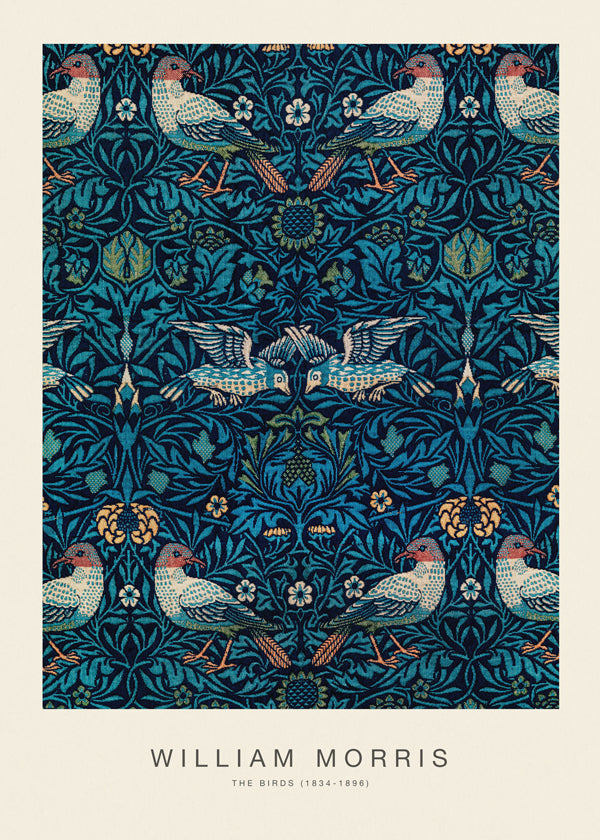 Botanický plakát William Morris s ptáky a modrým listím