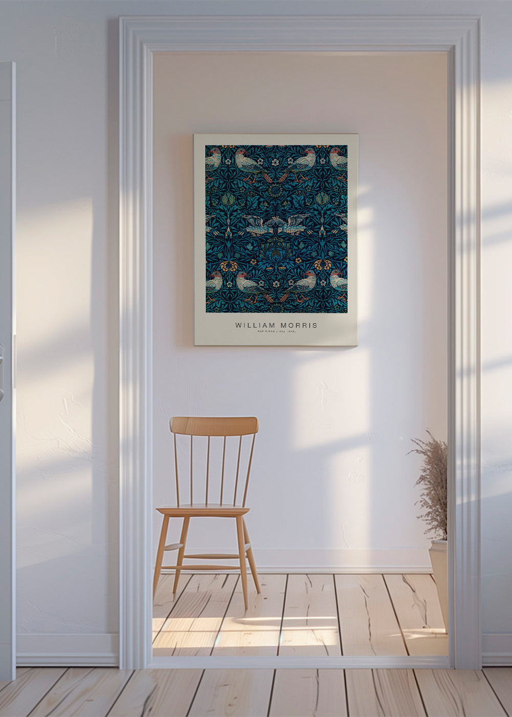 Botanický plakát William Morris s ptáky a modrým listím