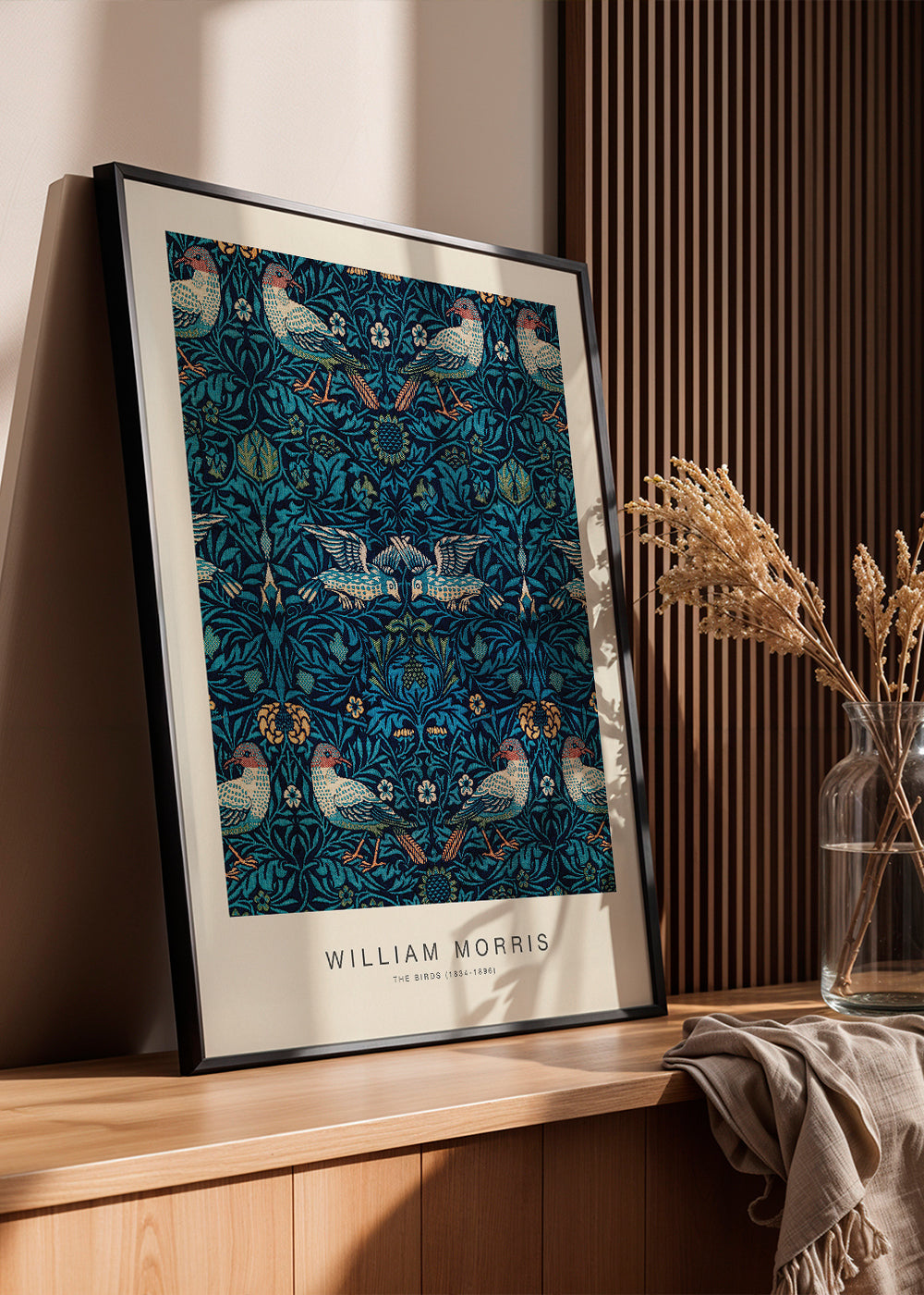 Botanický plakát William Morris s ptáky a modrým listím