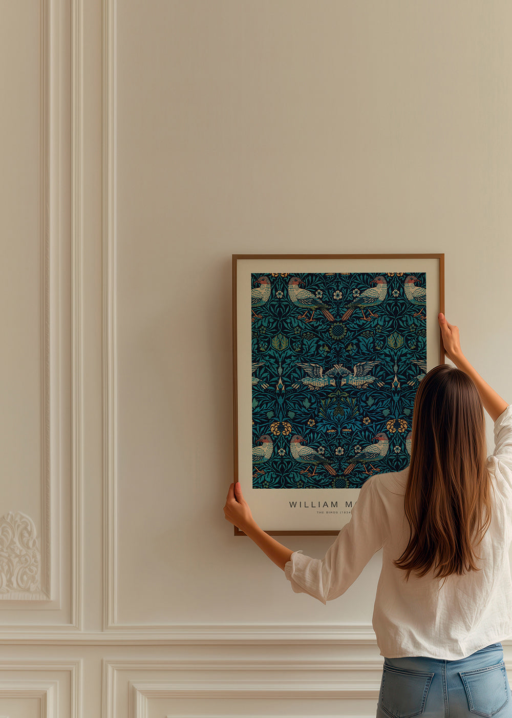 Botanický plakát William Morris s ptáky a modrým listím