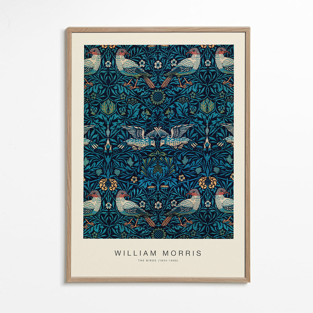 Botanický plakát William Morris s ptáky a modrým listím