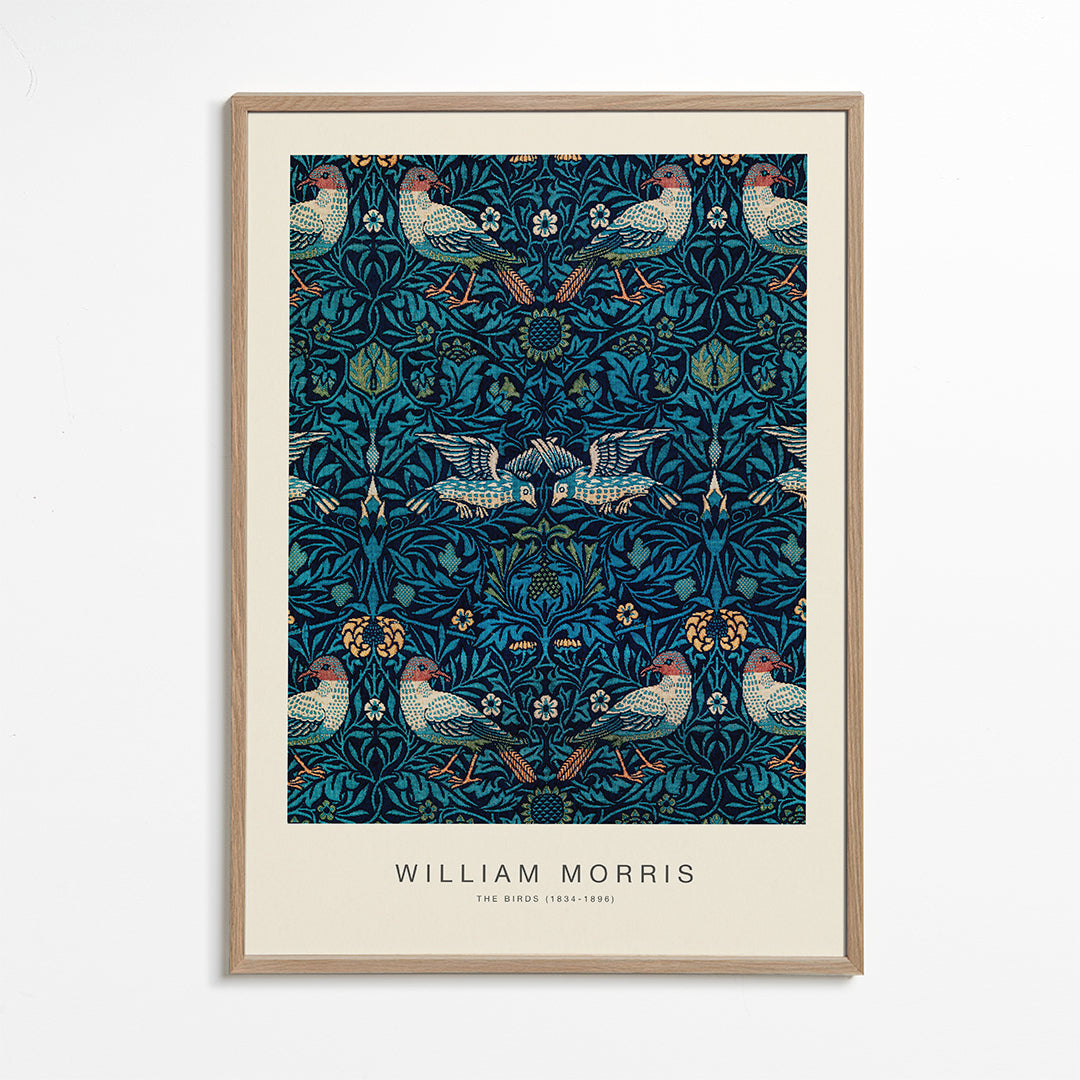 Botanický plakát William Morris s ptáky a modrým listím