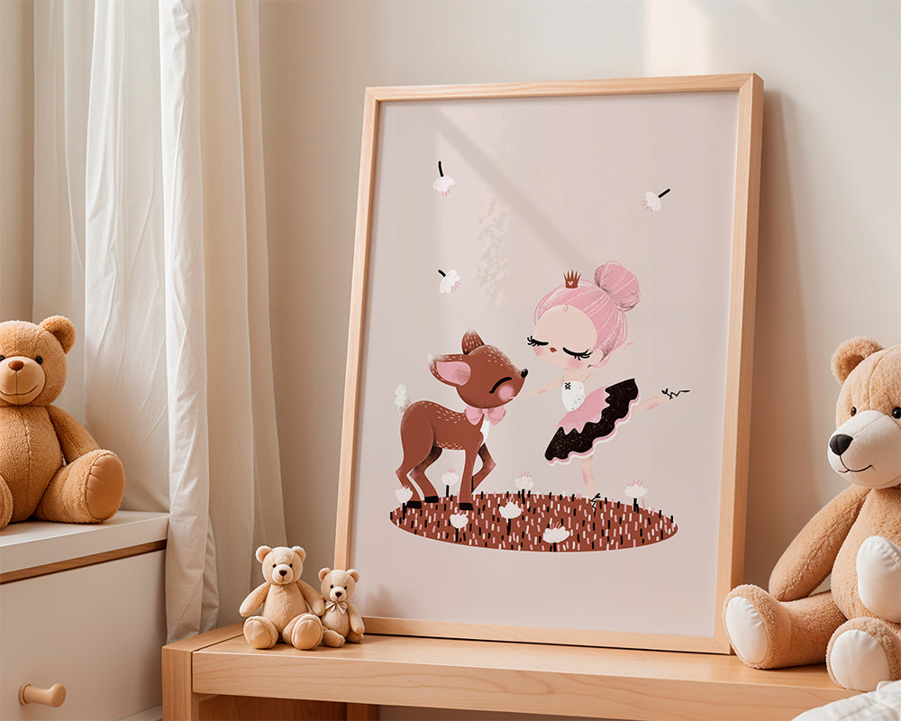 Dětský plakát: baletka a srnka v růžové