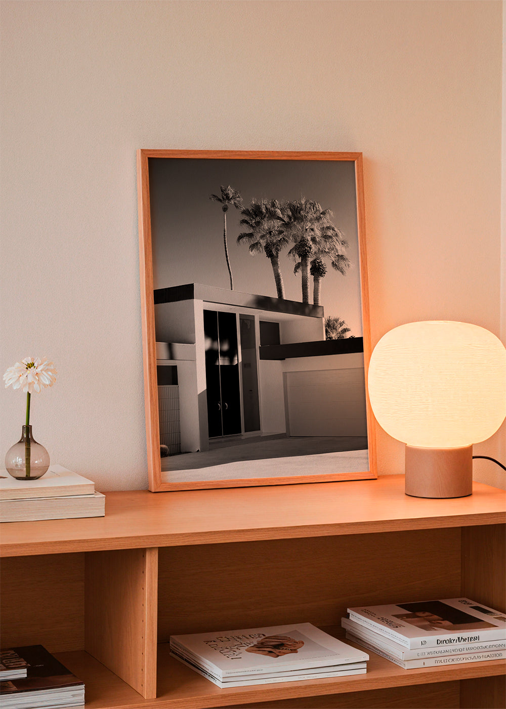 Fotografie moderního domu v Palm Springs v černobílém provedení