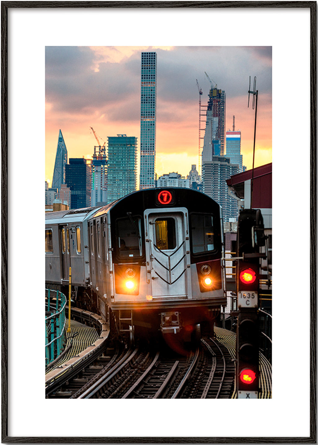 Cestovatelský plakát: Metro 7 při západu slunce – Black Frame
