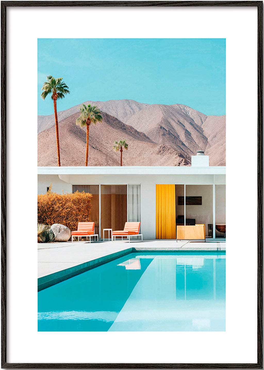 Krajinný obraz s bazénem a palmami – Black Frame