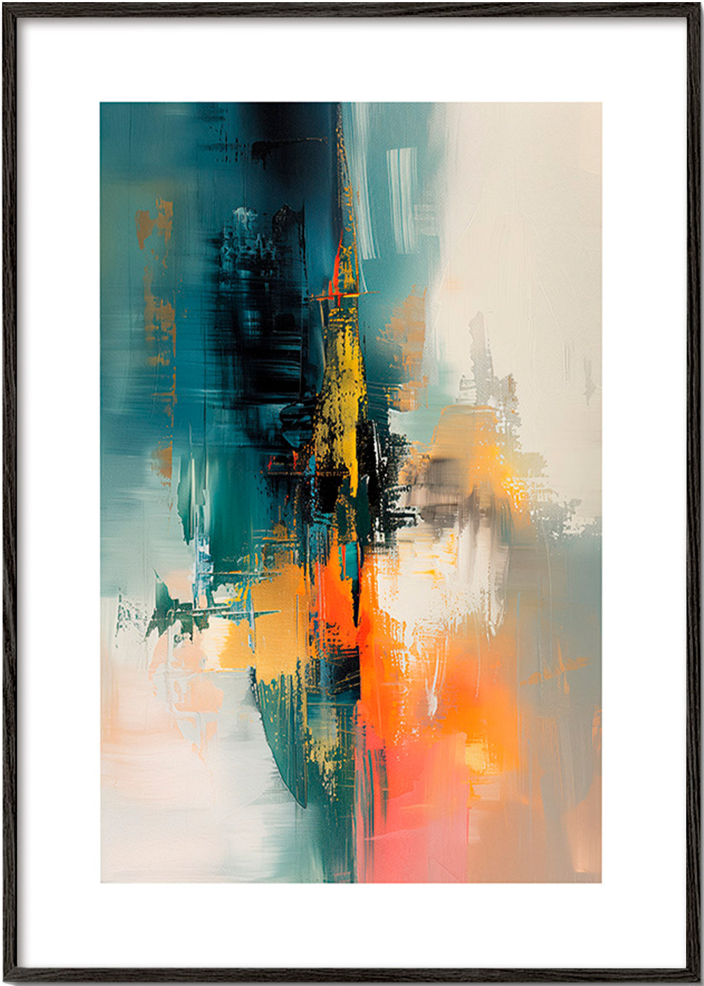 Abstraktní obraz vertikální s modrooranžovými tahy – Black Frame