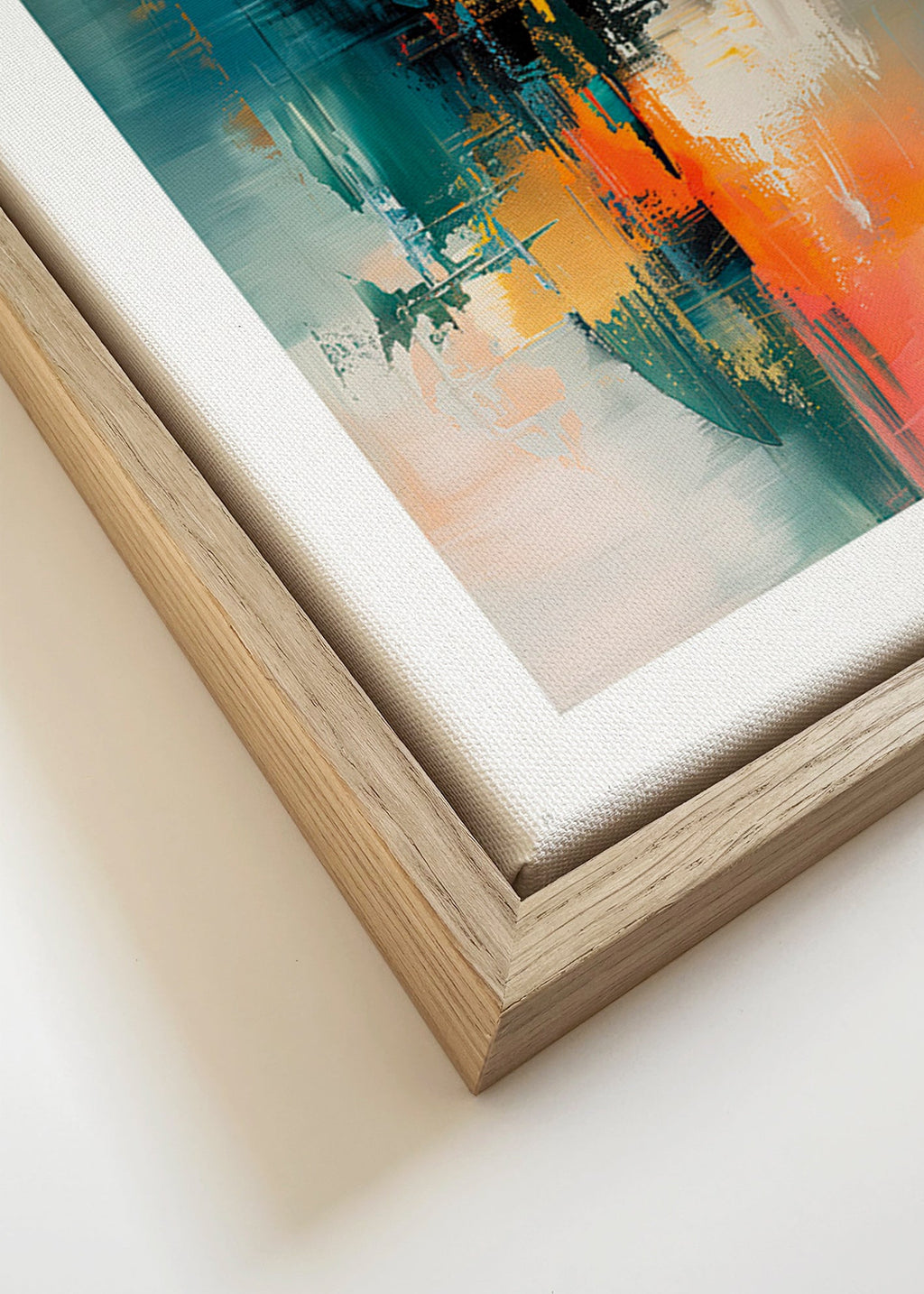 Abstraktní obraz vertikální s modrooranžovými tahy – Canvas detail