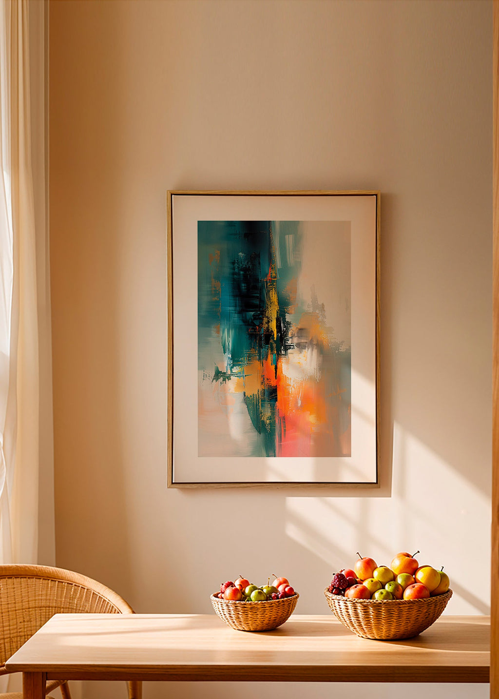 Abstraktní obraz vertikální s modrooranžovými tahy – Canvas2