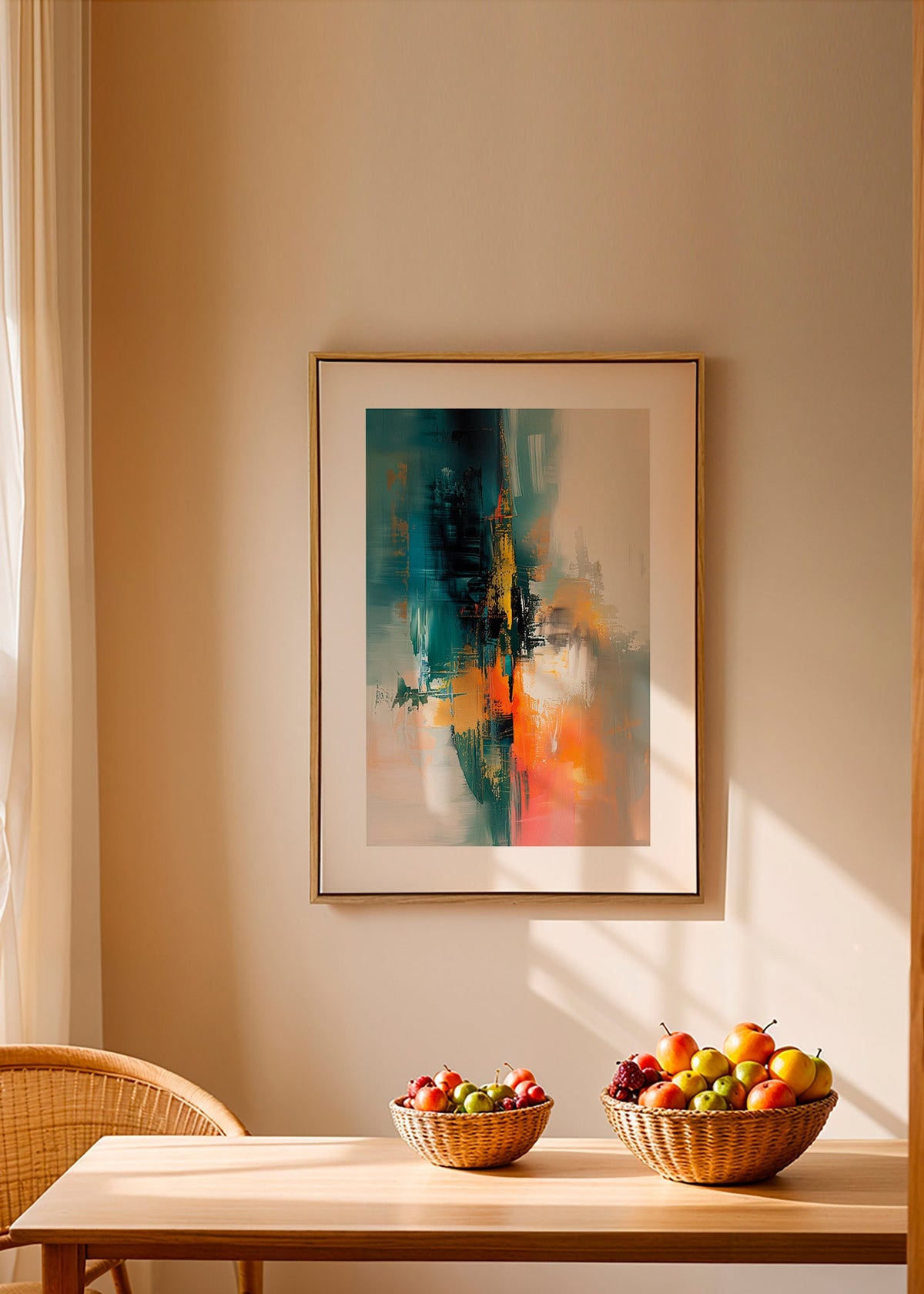 Abstraktní obraz vertikální s modrooranžovými tahy – Canvas2