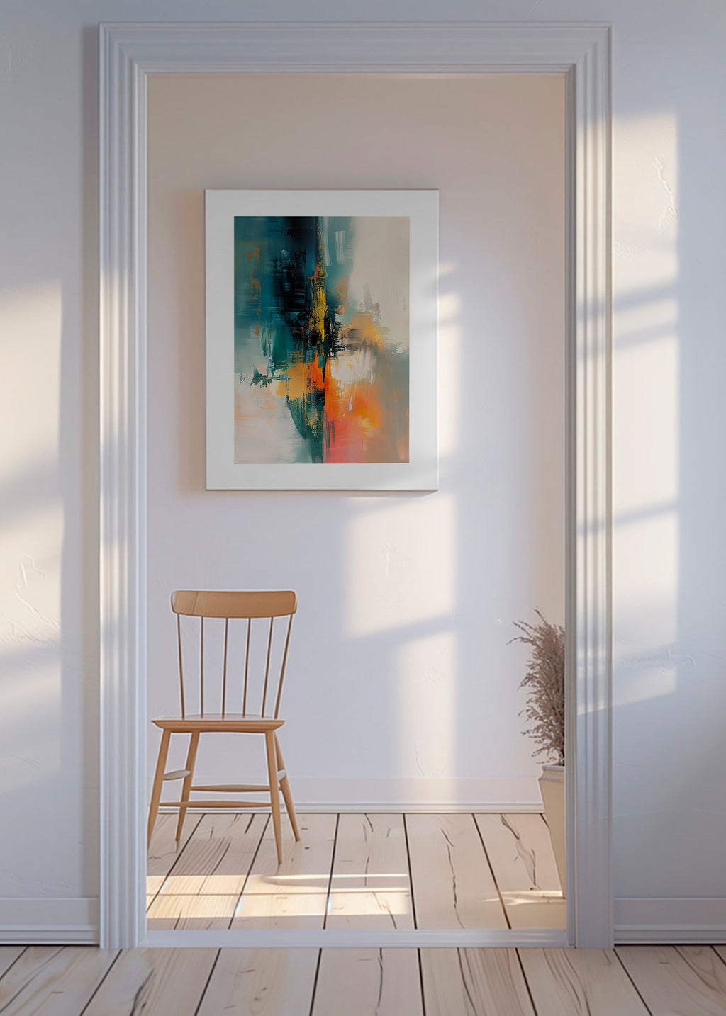 Abstraktní obraz vertikální s modrooranžovými tahy – Canvas