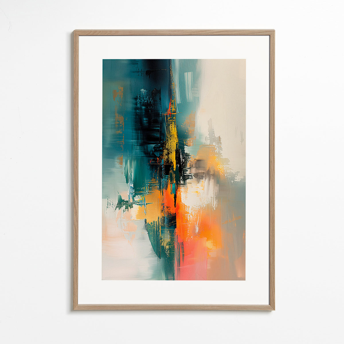 Abstraktní obraz vertikální s modrooranžovými tahy – Oak Frame