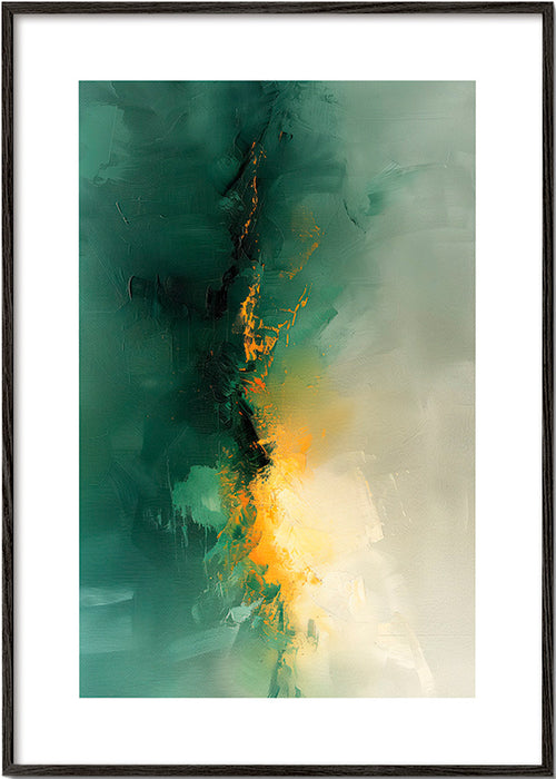 Abstraktní obraz zeleno-zlatý - Soumrak – Black Frame