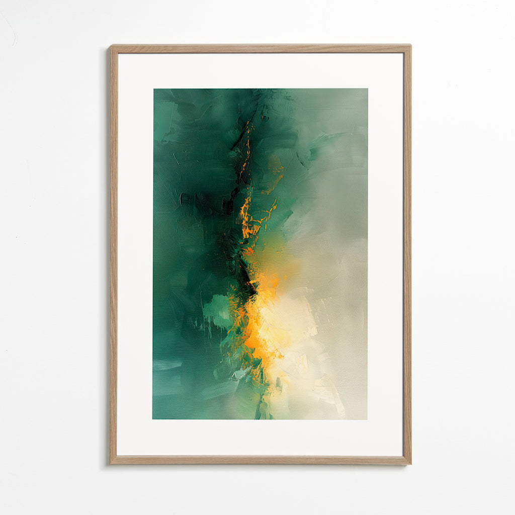 Abstraktní obraz zeleno-zlatý - Soumrak – Oak Frame